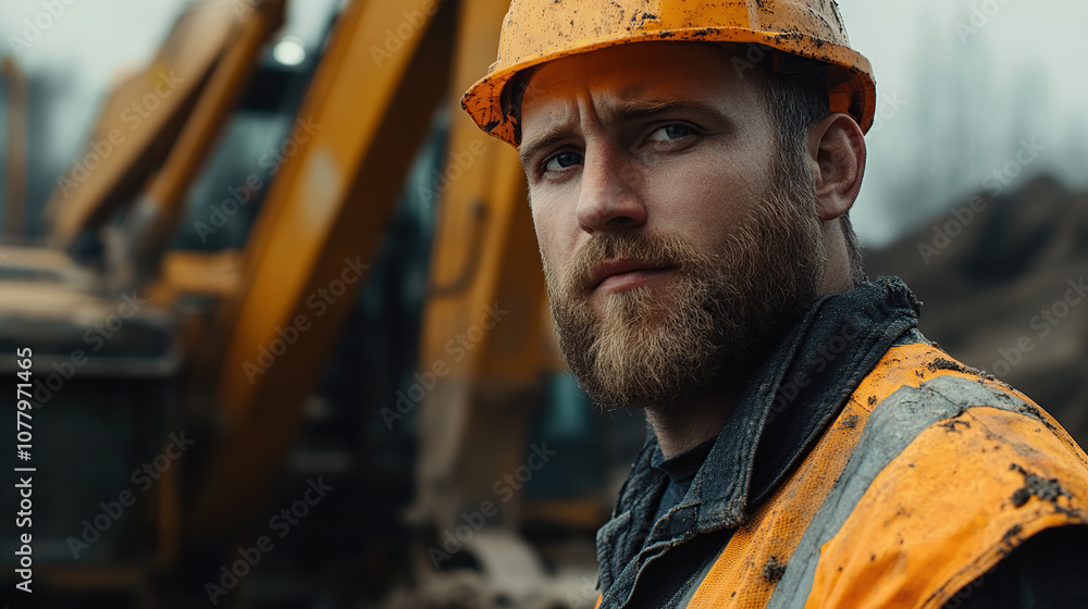 A portrait of an construction worker with a beard and yellow helmet, standing in front of his excavator, looking at the camera in a close-up shot A portrait of an construction worker with a beard and yellow helmet, standing in front of his excavator, looking at the camera in a close-up shot