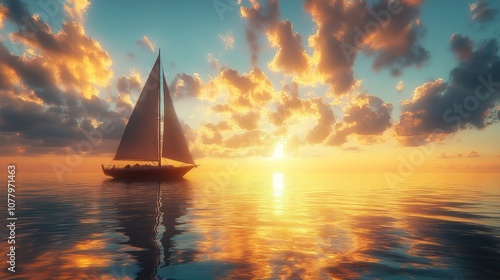 A serene sunset scene with a sailboat on calm waters.