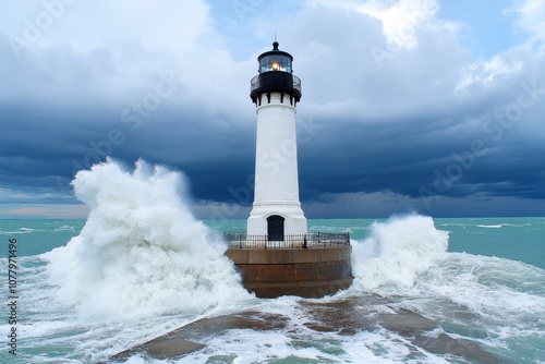 A lighthouse during a storm, with dark clouds and waves crashing against its base