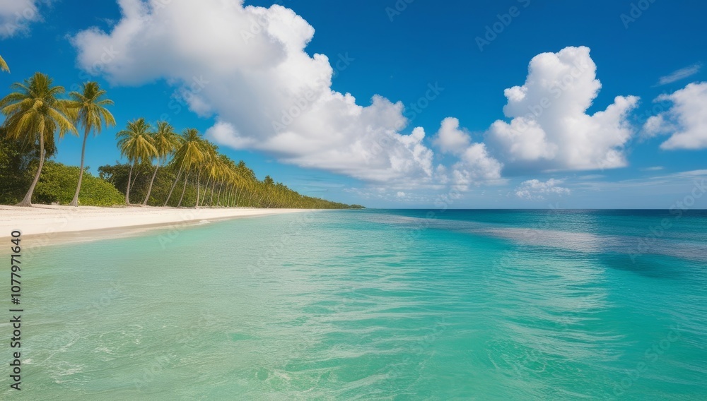 Fototapeta premium Panorama of idyllic tropical beach with palm trees, white sand and turquoise blue water. Empty summer holidays background. advertising, paradise vacation. Panoramic empty