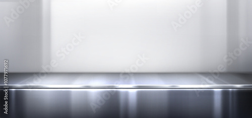 Shiny stainless steel surface against white wall background. Vector realistic illustration of silver metallic bar counter, product presentation podium, empty stage, glossy shelf, kitchen interior