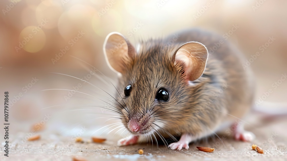 Tiny mouse on a wooden floor, close-up with a soft focus and blue background Tiny mouse on a wooden floor, close-up with a soft focus and blue background