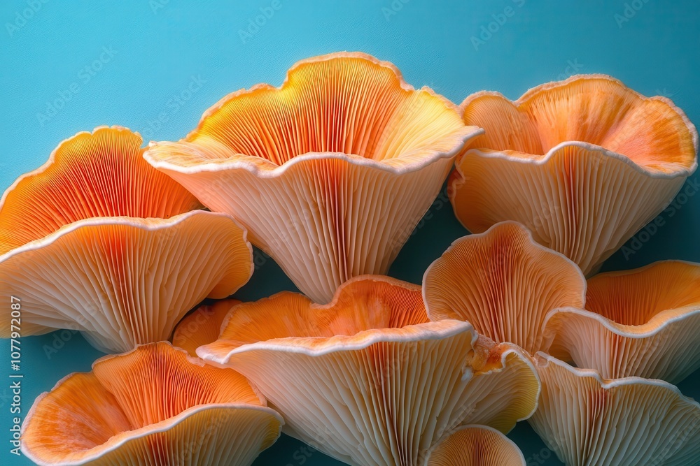 vivid closeup of mushrooms set against a bright blue background highlighting their unique textures and colors evoking a sense of wonder and beauty in natures details vivid closeup of mushrooms set against a bright blue background highlighting their unique textures and colors evoking a sense of wonder and beauty in natures details