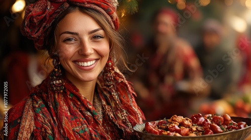 Joyful kosovar couple embracing spring with traditional flija outdoors photo