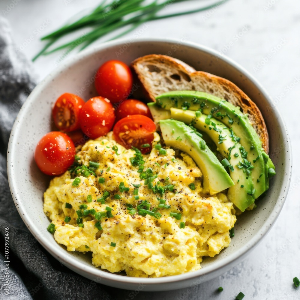 A hearty breakfast bowl with scrambled eggs, avocado slices, and crispy bacon A hearty breakfast bowl with scrambled eggs, avocado slices, and crispy bacon