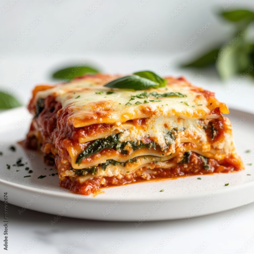 A hearty vegetable lasagna with layers of pasta, marinara sauce, and melted cheese A hearty vegetable lasagna with layers of pasta, marinara sauce, and melted cheese