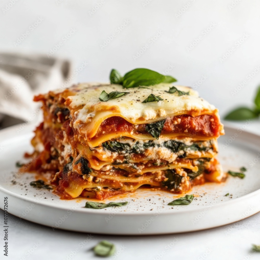 A hearty vegetable lasagna with layers of pasta, marinara sauce, and melted cheese A hearty vegetable lasagna with layers of pasta, marinara sauce, and melted cheese
