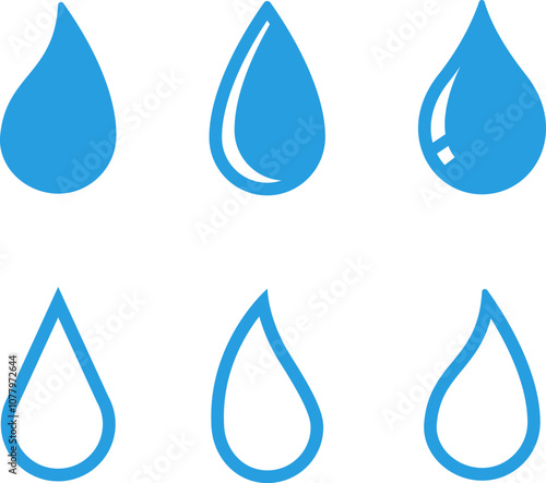 Vector blue water drop icon set. Flat droplet shapes collection.