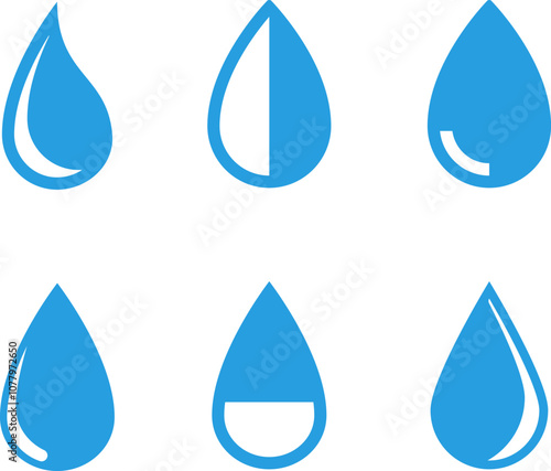 Vector blue water drop icon set. Flat droplet shapes collection.