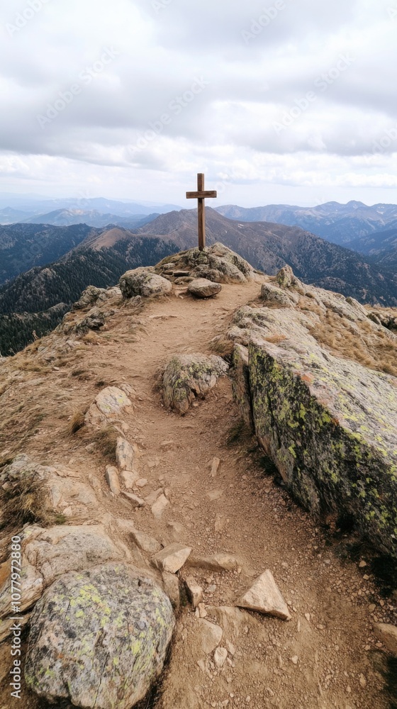 Fototapeta premium Majestic mountain range with rustic wooden cross, inspiring scenic landscape for nature inspiration
