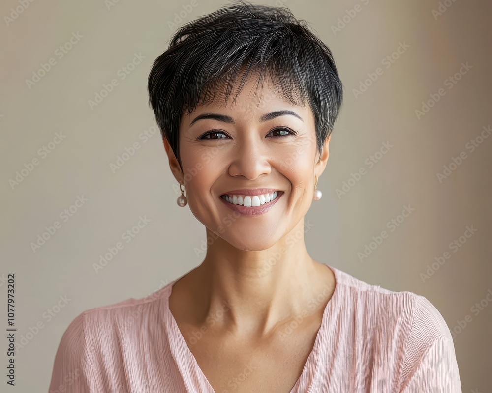 Smiling Asian businesswoman, short hair, wearing green blouse, holding tablet in open workspace Smiling Asian businesswoman, short hair, wearing green blouse, holding tablet in open workspace