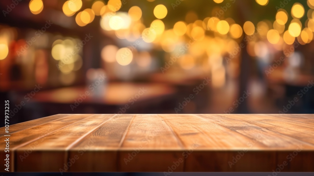 Wooden Tabletop with Blurred Outdoor Cafe Background Wooden Tabletop with Blurred Outdoor Cafe Background