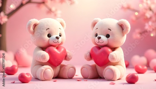 Cute Valentine background with teddy bears holding hearts, sweet candy elements, and pastel colors, perfect for a romantic theme.