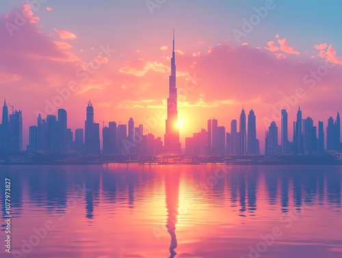 A beautiful sunset over the Dubai skyline with the Burj Khalifa in the center.