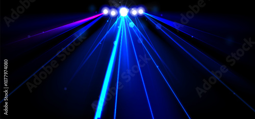 Bright spotlight shining on black background. Vector realistic illustration of neon blue, pink, purple glowing rays and smoke in darkness, nightclub disco, disco part, concert, show stage illumination