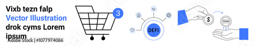 Shopping cart with notification, DeFi token and technology icons, and hand-to-hand money transfer. Ideal for e-commerce, DeFi, fintech, online payment, digital currency, investment, financial