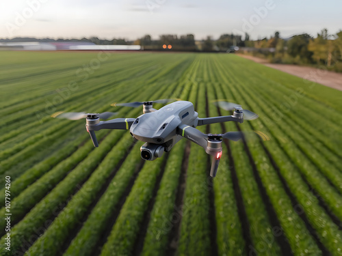 A drone hovers above rows of lettuce, illustrating the use of drones in agricultural management