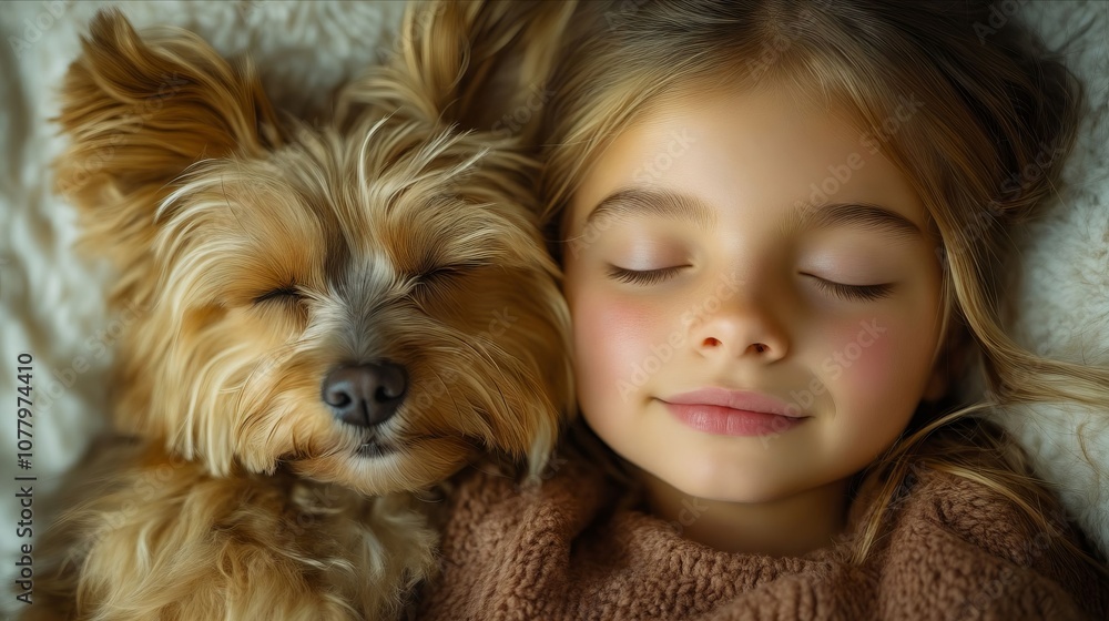 A little girl laying next to a small dog on a white blanket A little girl laying next to a small dog on a white blanket