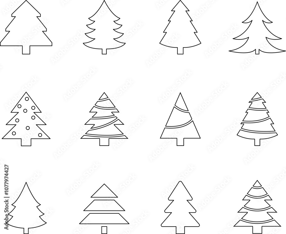 Fototapeta premium Christmas Tree simple line icons vector set. Christmas Tree with star thin line icons set. Linear fir, pine icon collection. New year holiday Simple contour xmas symbol isolated on white.