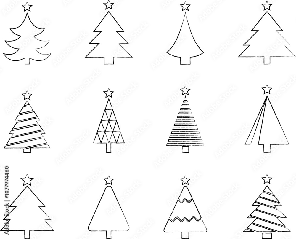 Christmas Tree simple line icons vector set. Christmas Tree with star thin line icons set. Linear fir, pine icon collection. New year holiday Simple contour xmas symbol isolated on white. Christmas Tree simple line icons vector set. Christmas Tree with star thin line icons set. Linear fir, pine icon collection. New year holiday Simple contour xmas symbol isolated on white.