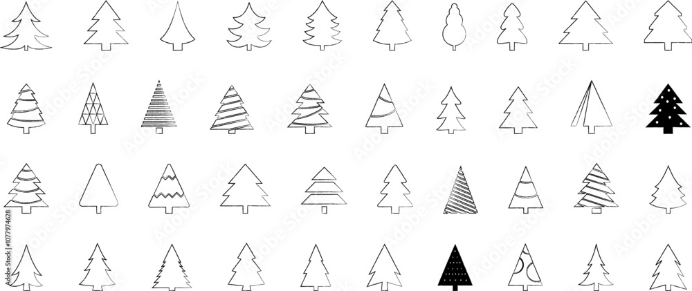 Christmas Tree simple line icons vector set. Christmas Tree with star thin line icons set. Linear fir, pine icon collection. New year holiday Simple contour xmas symbol isolated on white. Christmas Tree simple line icons vector set. Christmas Tree with star thin line icons set. Linear fir, pine icon collection. New year holiday Simple contour xmas symbol isolated on white.