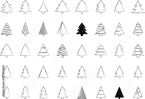 Christmas Tree simple line icons vector set. Christmas Tree with star thin line icons set. Linear fir, pine icon collection. New year holiday Simple contour xmas symbol isolated on white.