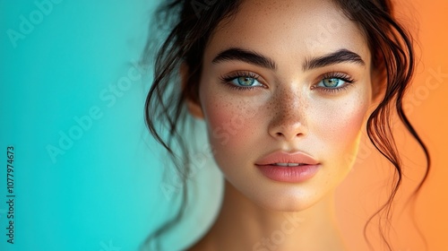 Portrait of a Woman with Blue Eyes and Freckles