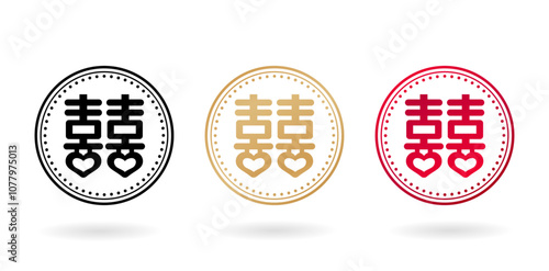 calligraphic symbol " Shuang Xi " Means Double Happiness in china character symbols, with three colors designs isolated white color backgrounds applicable for birthday invitation, greeting cards, tags