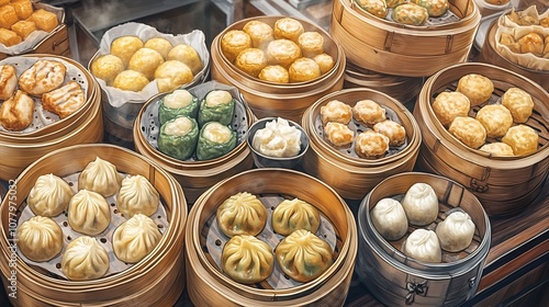 Detailed image of Chinese dim sum with a variety of dumplings buns and rolls served in bamboo steamers in a bustling Hong Kong teahouse photo