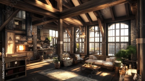 Wallpaper Mural A spacious and inviting living room with large windows, a fireplace, and rustic wooden beams. The room is decorated in a warm and inviting style with comfortable furniture and natural light. Torontodigital.ca