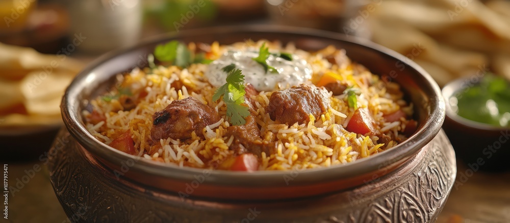 A bowl of delicious biryani with meat, rice, and a dollop of yogurt. A bowl of delicious biryani with meat, rice, and a dollop of yogurt.