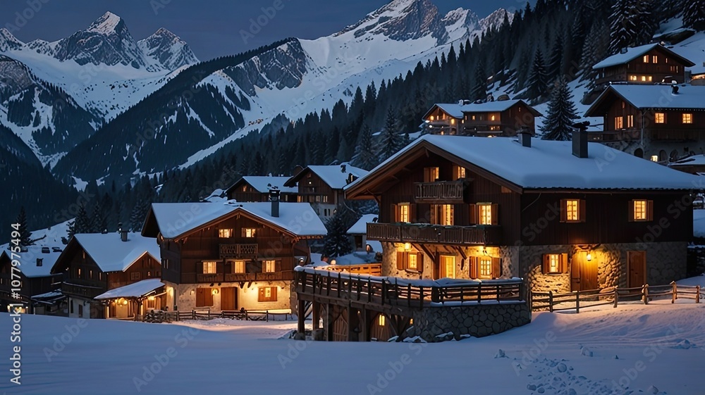 A picturesque alpine village nestled in the snow-covered mountains, with traditional Swiss chalets, smoke rising from chimneys, and twinkling lights at dusk.- A picturesque alpine village nestled in the snow-covered mountains, with traditional Swiss chalets, smoke rising from chimneys, and twinkling lights at dusk.-