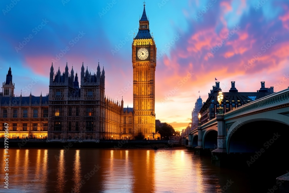 A watercolor painting of Big Ben and the Thames at sunset, with soft, blended colors creating a romantic feel A watercolor painting of Big Ben and the Thames at sunset, with soft, blended colors creating a romantic feel
