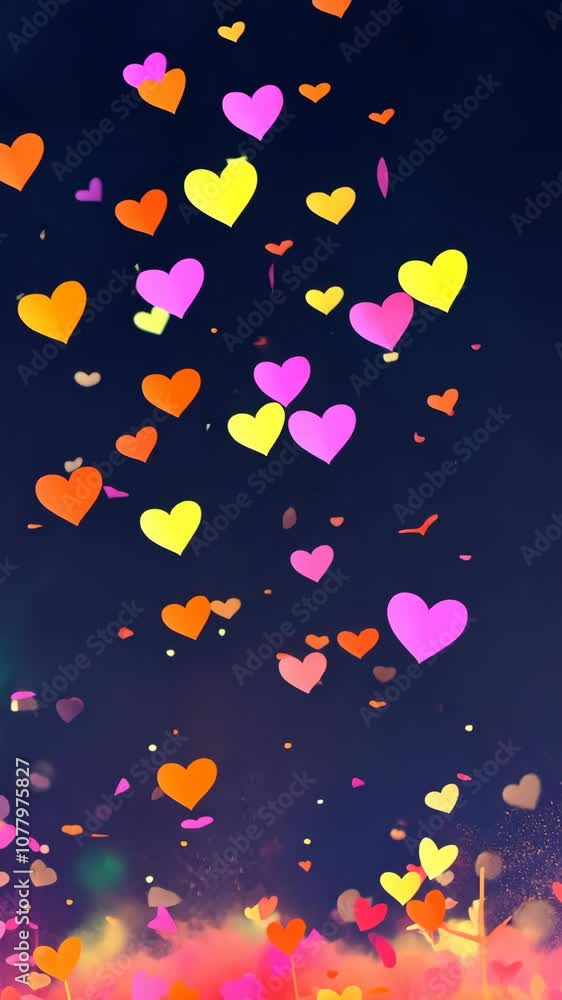 Colorful hearts float against a dark blue background Colorful hearts float against a dark blue background