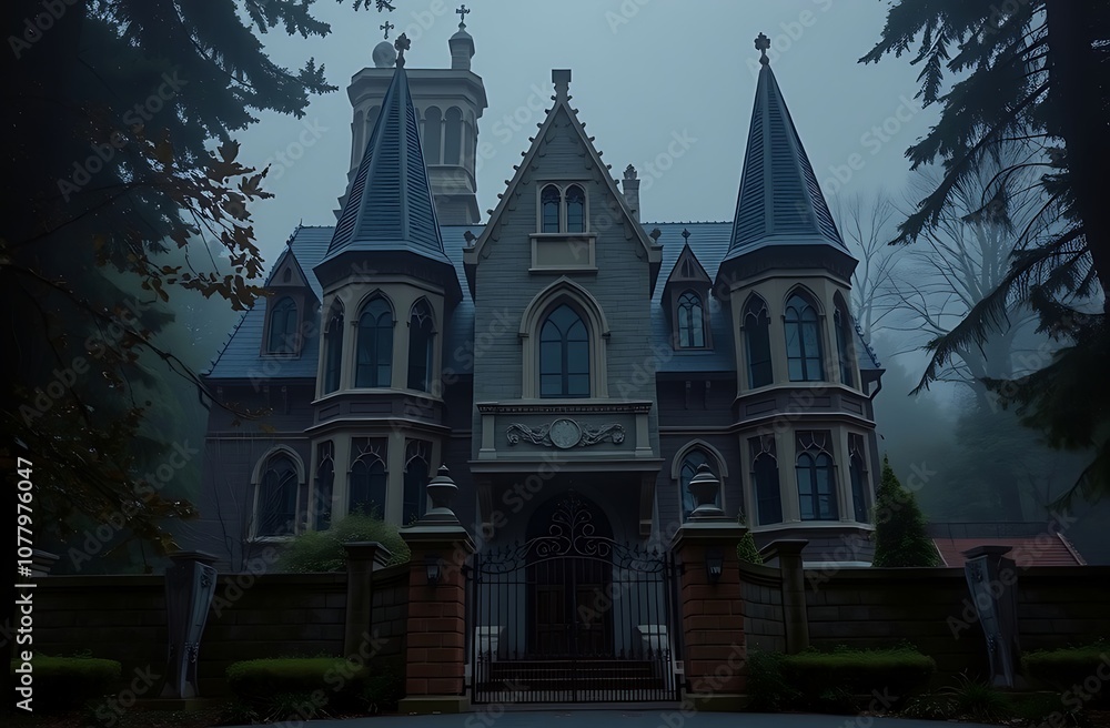 Fototapeta premium Mysterious Gothic Mansion in Fog,