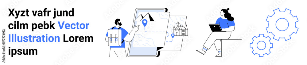 Two individuals, maps with location pins, gears, and devices symbolize efficient workflow and collaboration. Ideal for teamwork, navigation, digital tools, productivity, technology, innovation, user Two individuals, maps with location pins, gears, and devices symbolize efficient workflow and collaboration. Ideal for teamwork, navigation, digital tools, productivity, technology, innovation, user