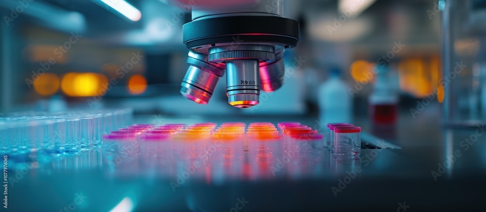 A close up of a microscope lens focused over a tray of sample vials in a laboratory setting. A close up of a microscope lens focused over a tray of sample vials in a laboratory setting.