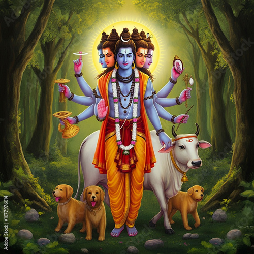 Lord Dattatreya with multiple arms, accompanied by cows and dogs, symbolizing the trinity of Brahma, Vishnu, and Shiva in Hindu mythology photo