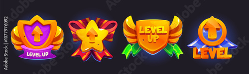 Level up game badges set isolated on black background. Vector cartoon illustration of shield, star, round golden medal shape awards decorated with color ribbons, progress button for gaming design