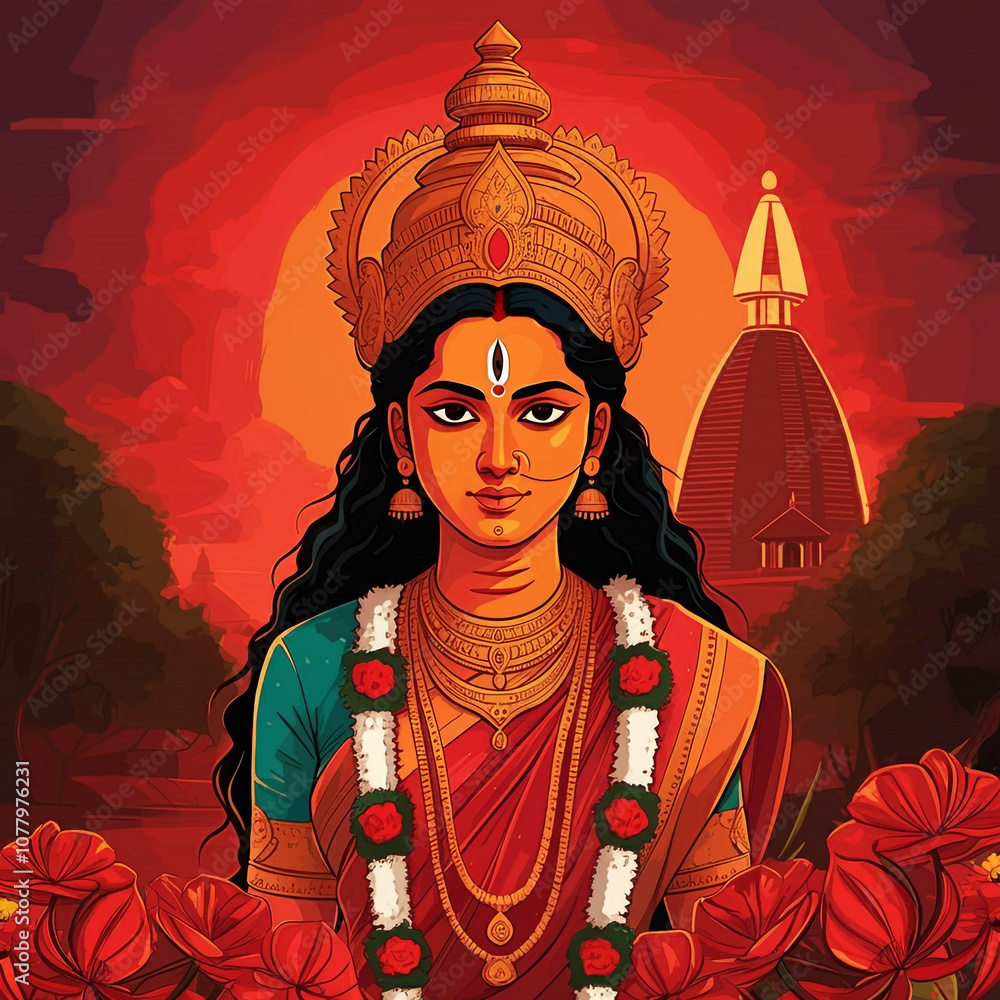 Fototapeta premium Illustration of Goddess Kamakhya with a temple backdrop, symbolizing her association with tantra, fertility, and the embodiment of feminine strength in Hindu beliefs