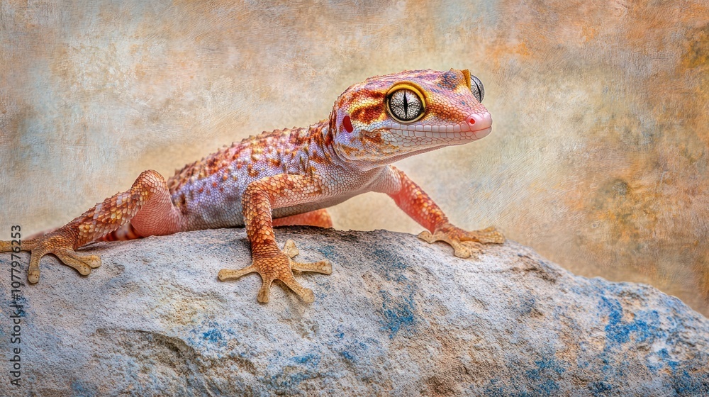 A leopard gecko with bright orange, pink and black markings perches on a rock with its head turned to the side, looking curiously at the camera. A leopard gecko with bright orange, pink and black markings perches on a rock with its head turned to the side, looking curiously at the camera.