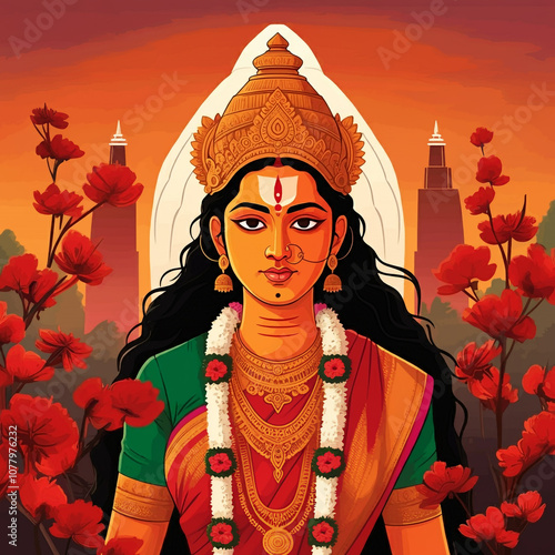 Artistic depiction of Goddess Kamakhya, representing fertility and power, set against a background of temples, highlighting her role in Hindu tantric traditions