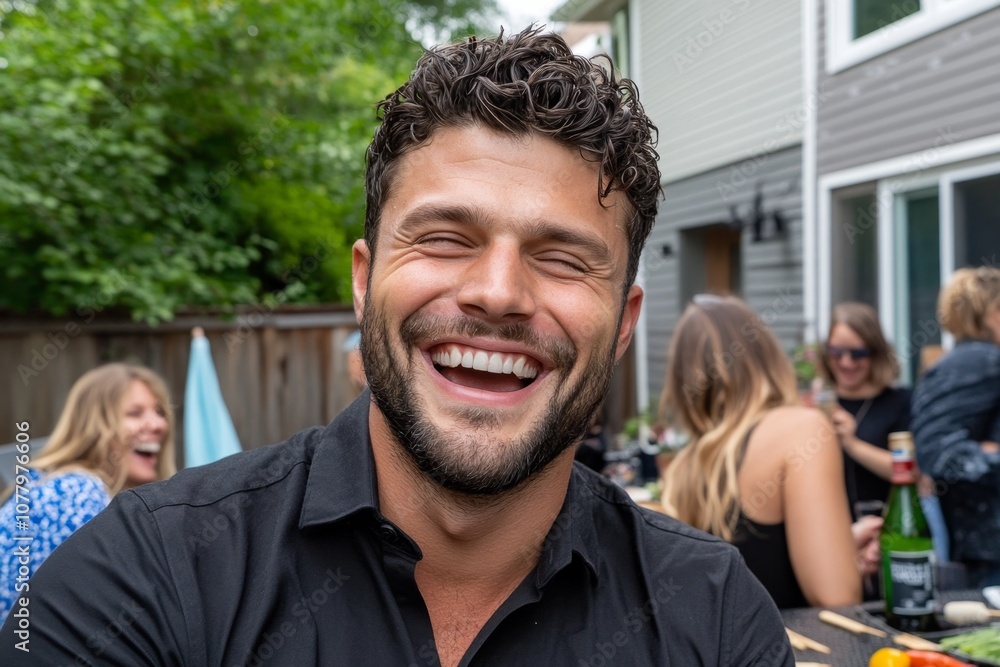 Casual portrait of a man laughing with friends at a backyard BBQ, with a friendly and open expression Casual portrait of a man laughing with friends at a backyard BBQ, with a friendly and open expression