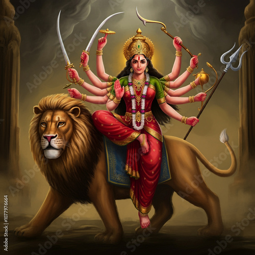 Goddess Durga riding a lion, holding weapons in her multiple arms, symbolizing power, bravery, and divine protection in Hindu mythology