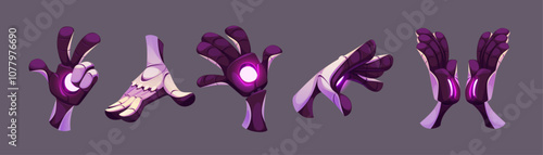 Bionic hand gestures set isolated on black background. Vector cartoon illustration of robot prosthesis with neon button, mechanical fingers taking, making high five sign, clapping, cyborg mockup