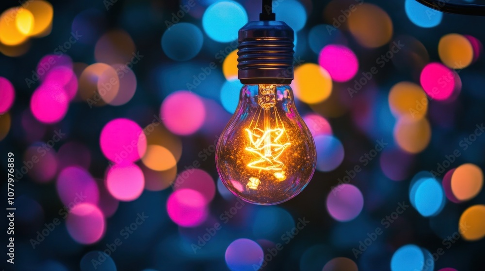 A single glowing light bulb hangs in front of a blurred background of colorful bokeh lights. A single glowing light bulb hangs in front of a blurred background of colorful bokeh lights.