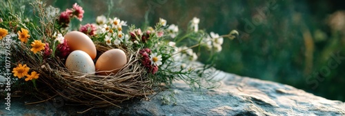 Minimalist flat lay of german easter theme with nest and flowers photo