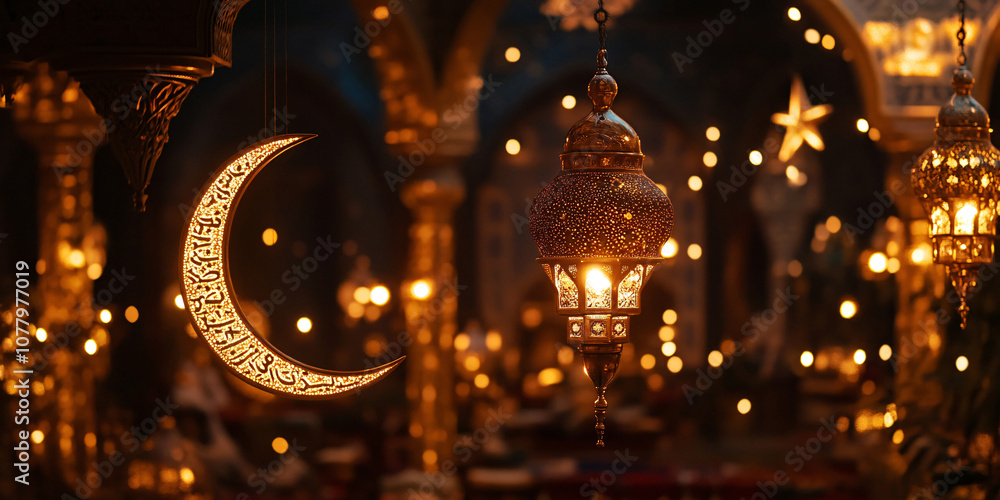 Fototapeta premium Ramadan Kareem background with crescent, Muslim Holy Month Ramadan Kareem - Ornamental Arabic Lantern With Burning Candle Glowing At Evening