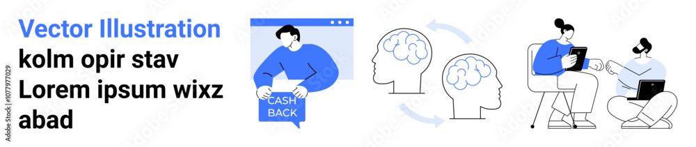 Person showing cashback banner, brain diagrams with arrows, two people collaborating with a laptop and document in office chairs. Ideal for business, finance, education, healthcare, technology Person showing cashback banner, brain diagrams with arrows, two people collaborating with a laptop and document in office chairs. Ideal for business, finance, education, healthcare, technology