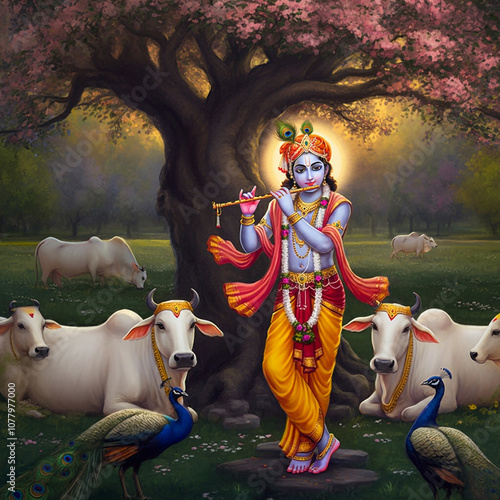 Lord Krishna playing the fl...